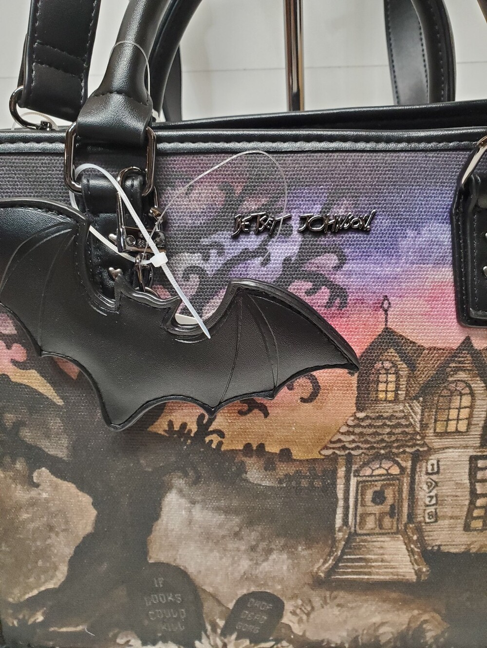 Betsey Johnson Halloween tote bag with bat charm featuring haunted house graphic - Picture 2 of 8